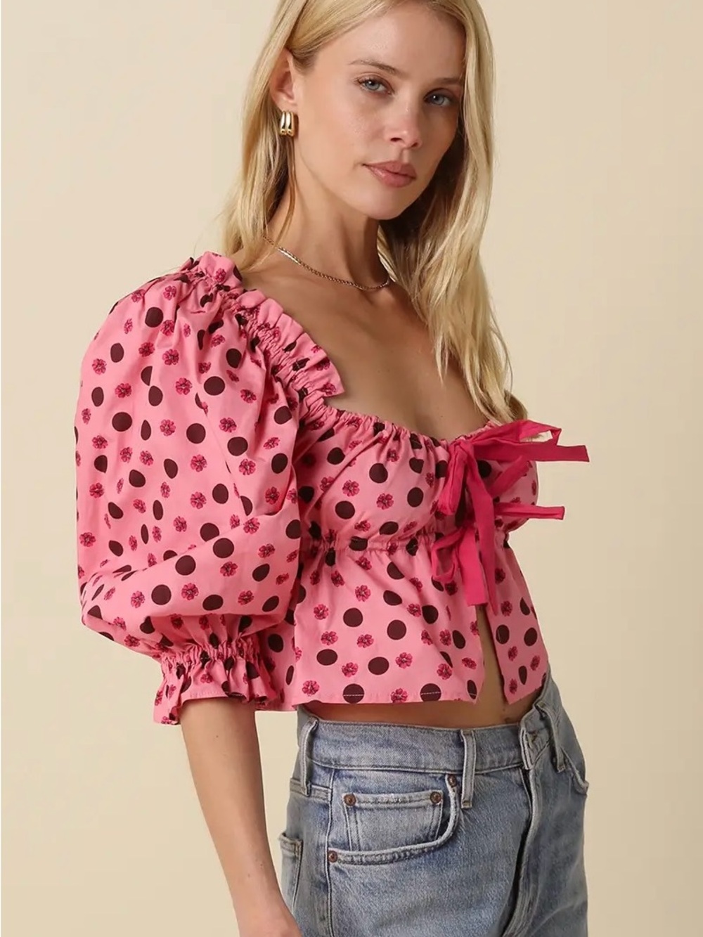 Pink Polka Dot Puff-Sleeve Tie-Front Crop Top